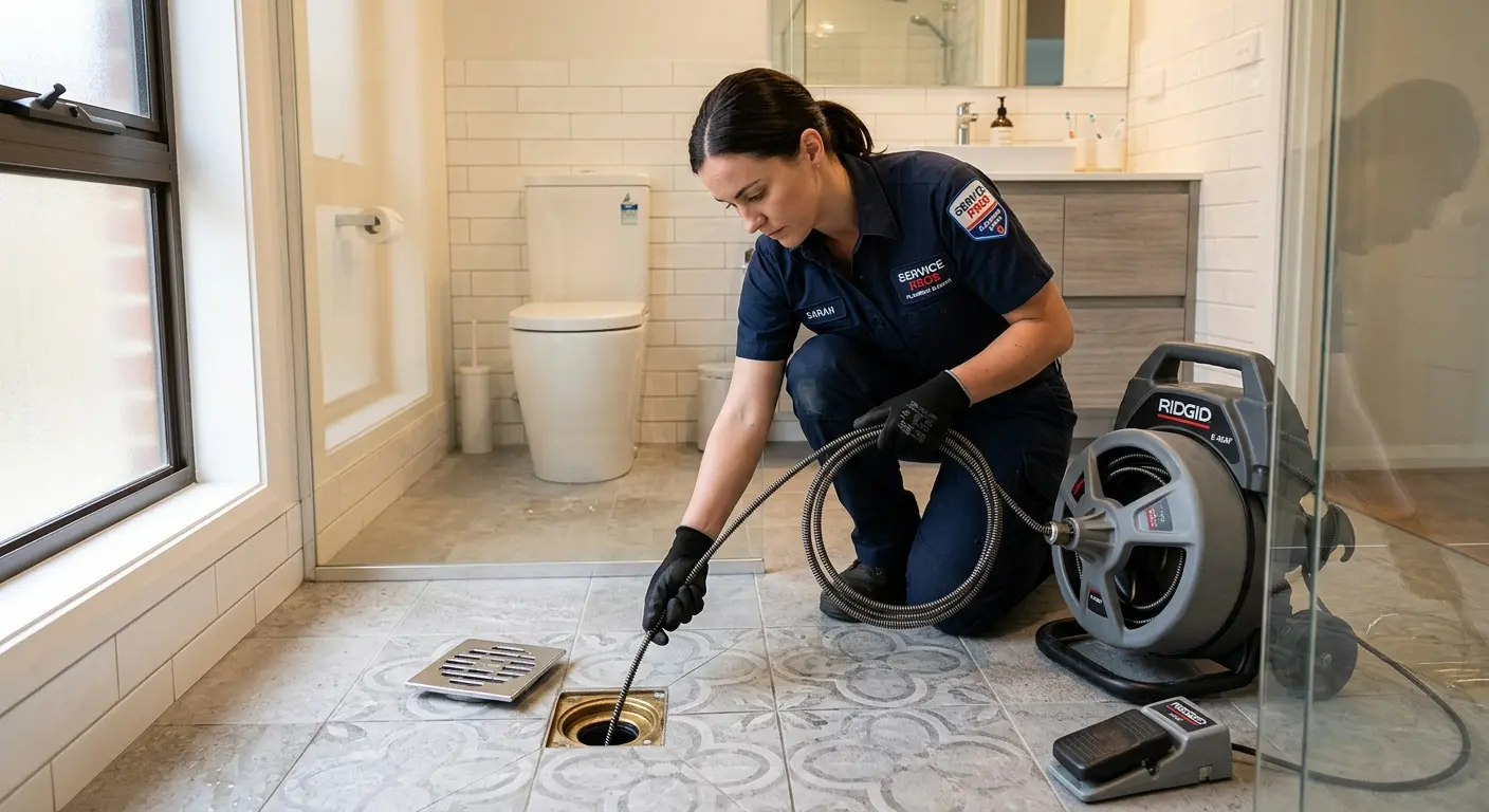Technician clearing a bathroom floor drain for Sewer Line Replacement in Eagan